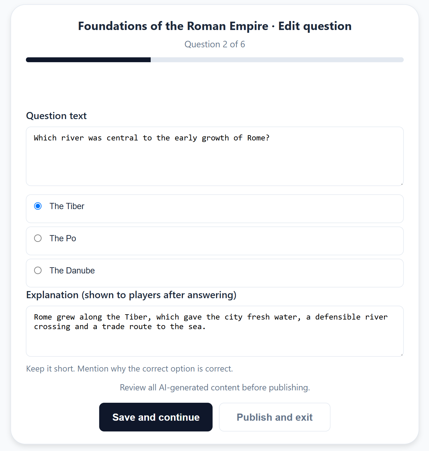 ScrollQ quiz editor showing a question, its answer options and the explanation shown to players
